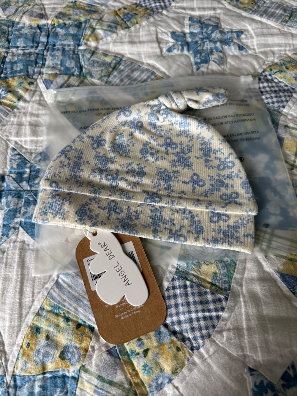Angel Dear Cream Knit Baby Beanie with Blue Floral Pattern